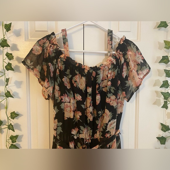 Floral Romper with Sheer Overlay | L | Off-Shoulder, Detachable Straps, High-Low - Picture 5 of 13